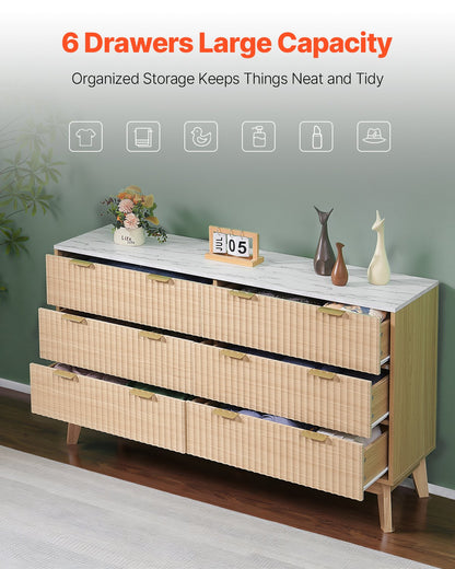 Byrå med 6 räfflade lådor, träbyrå med utdragbar låda och tippskydd, modern minimalistisk byrå, räfflad garderobsförvaring för vardagsrum, hall, sovrum, entré, ljust trä