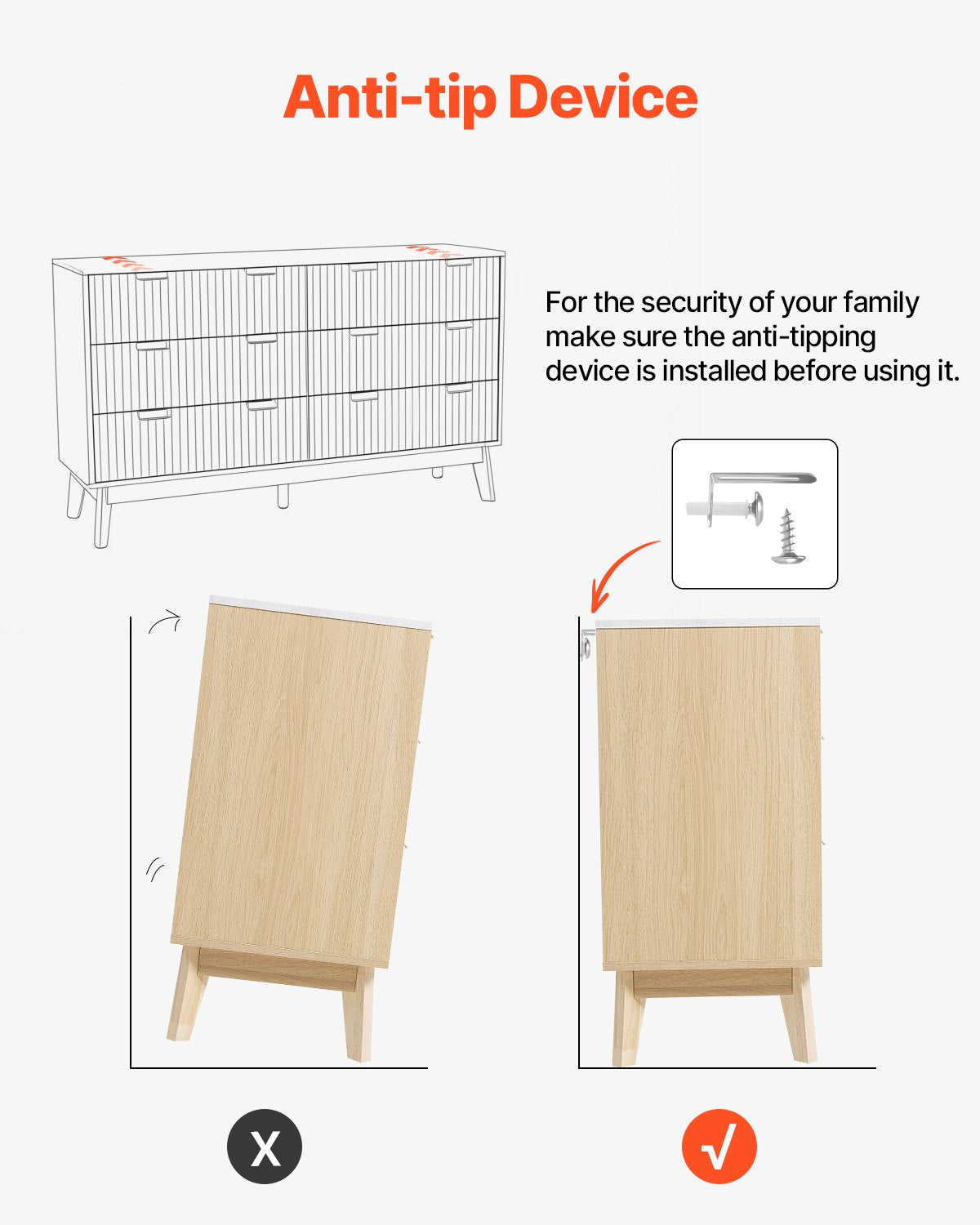 Byrå med 6 räfflade lådor, träbyrå med utdragbar låda och tippskydd, modern minimalistisk byrå, räfflad garderobsförvaring för vardagsrum, hall, sovrum, entré, ljust trä