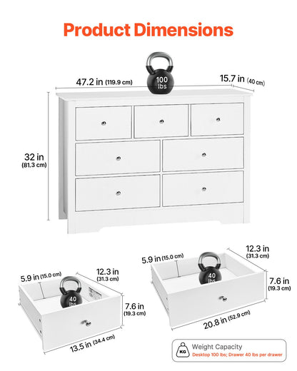 Byrå med 7 lådor, träbyrå med utdragbar hylla och tippskydd, modern minimalistisk byrå, garderobsorganisatör för vardagsrum, hall, sovrum, entré, ljust trä