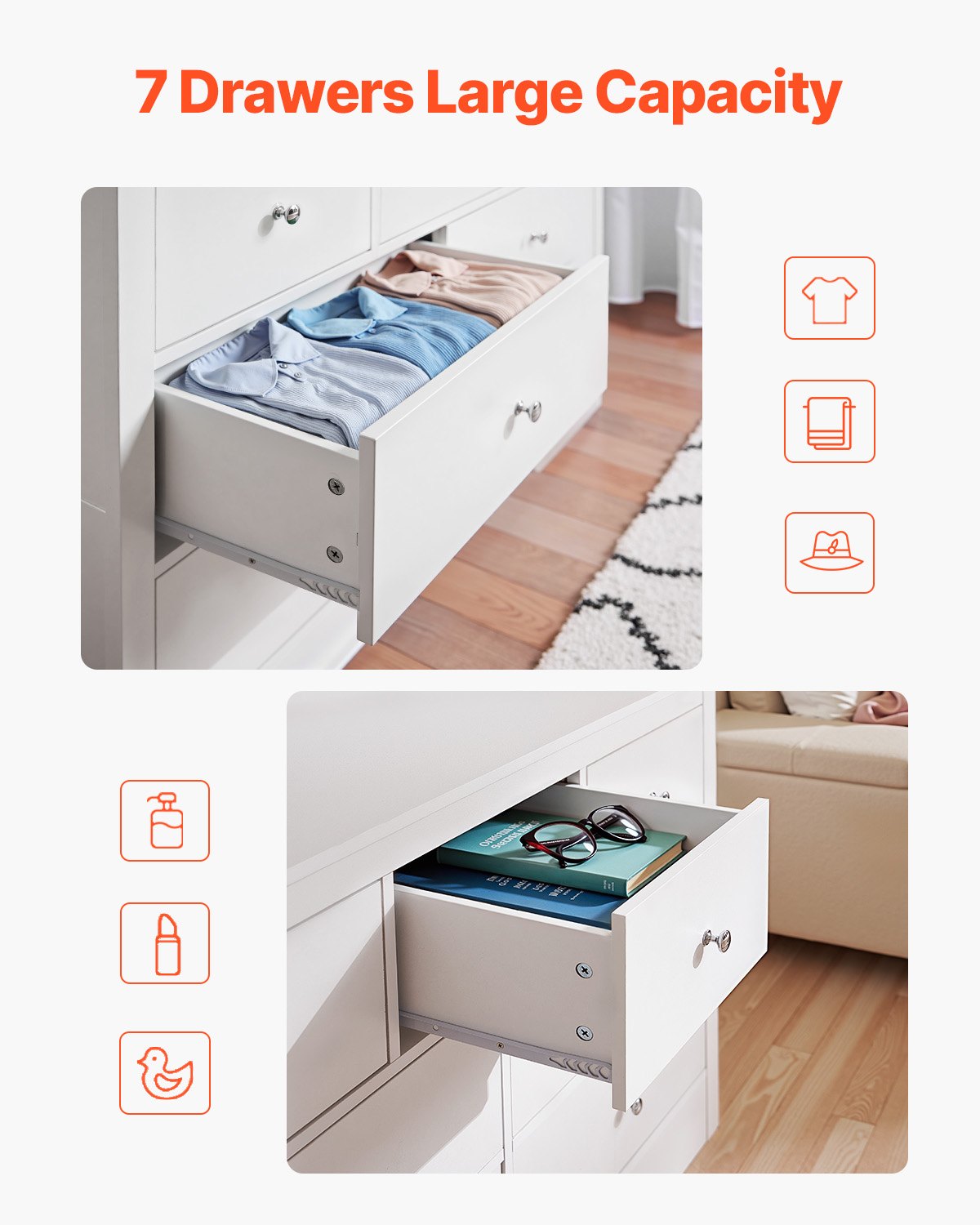 Byrå med 7 lådor, träbyrå med utdragbar hylla och tippskydd, modern minimalistisk byrå, garderobsorganisatör för vardagsrum, hall, sovrum, entré, ljust trä