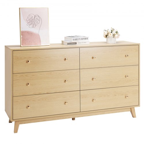 Byrå med 6 lådor, träbyrå med utdragbar hylla och tippskydd, modern minimalistisk byrå, garderobsorganisatör för vardagsrum, hall, sovrum, entré, ljust trä