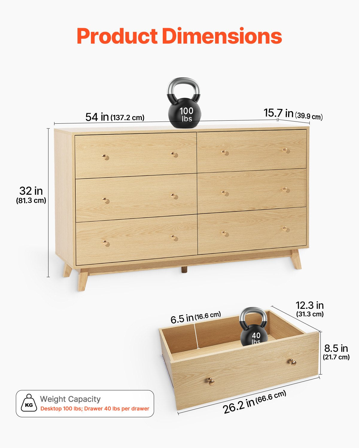 Byrå med 6 lådor, träbyrå med utdragbar hylla och tippskydd, modern minimalistisk byrå, garderobsorganisatör för vardagsrum, hall, sovrum, entré, ljust trä