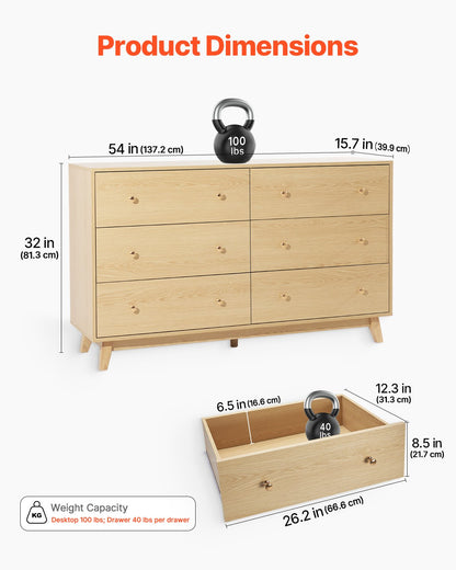Byrå med 6 lådor, träbyrå med utdragbar hylla och tippskydd, modern minimalistisk byrå, garderobsorganisatör för vardagsrum, hall, sovrum, entré, ljust trä