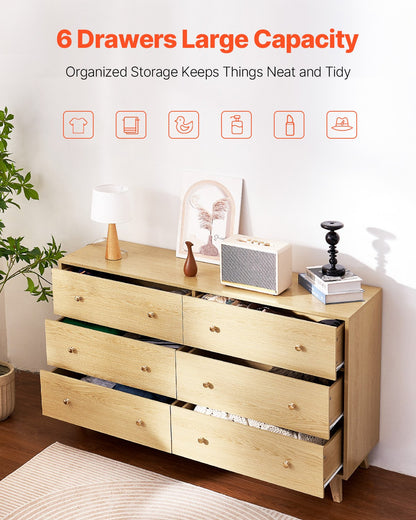 Byrå med 6 lådor, träbyrå med utdragbar hylla och tippskydd, modern minimalistisk byrå, garderobsorganisatör för vardagsrum, hall, sovrum, entré, ljust trä