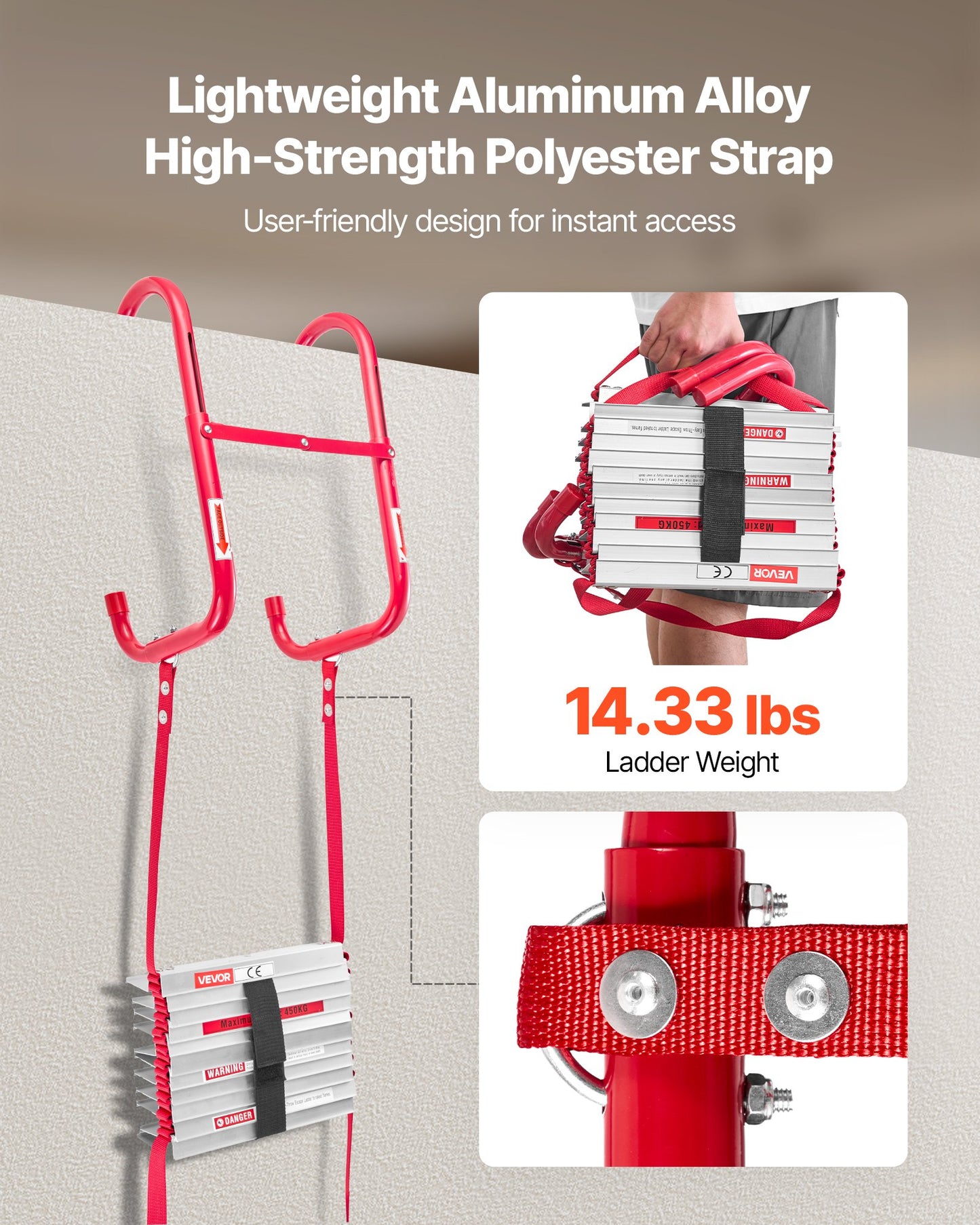 Brandstege, 3 våningar, 7,62 m utdragbar brandstege, lättviktig säkerhetsstege i aluminiumlegering med robust polyesterrem, halkfri stegpinne och breda steg, maxlast 453 kg
