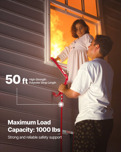 Brandstege, 5-6 våningar, 15,24 m infällbar brandstege, lättviktig säkerhetsstege i aluminiumlegering med robust polyesterrem, halkfria och breda stegpinnar, maxlast 453 kg