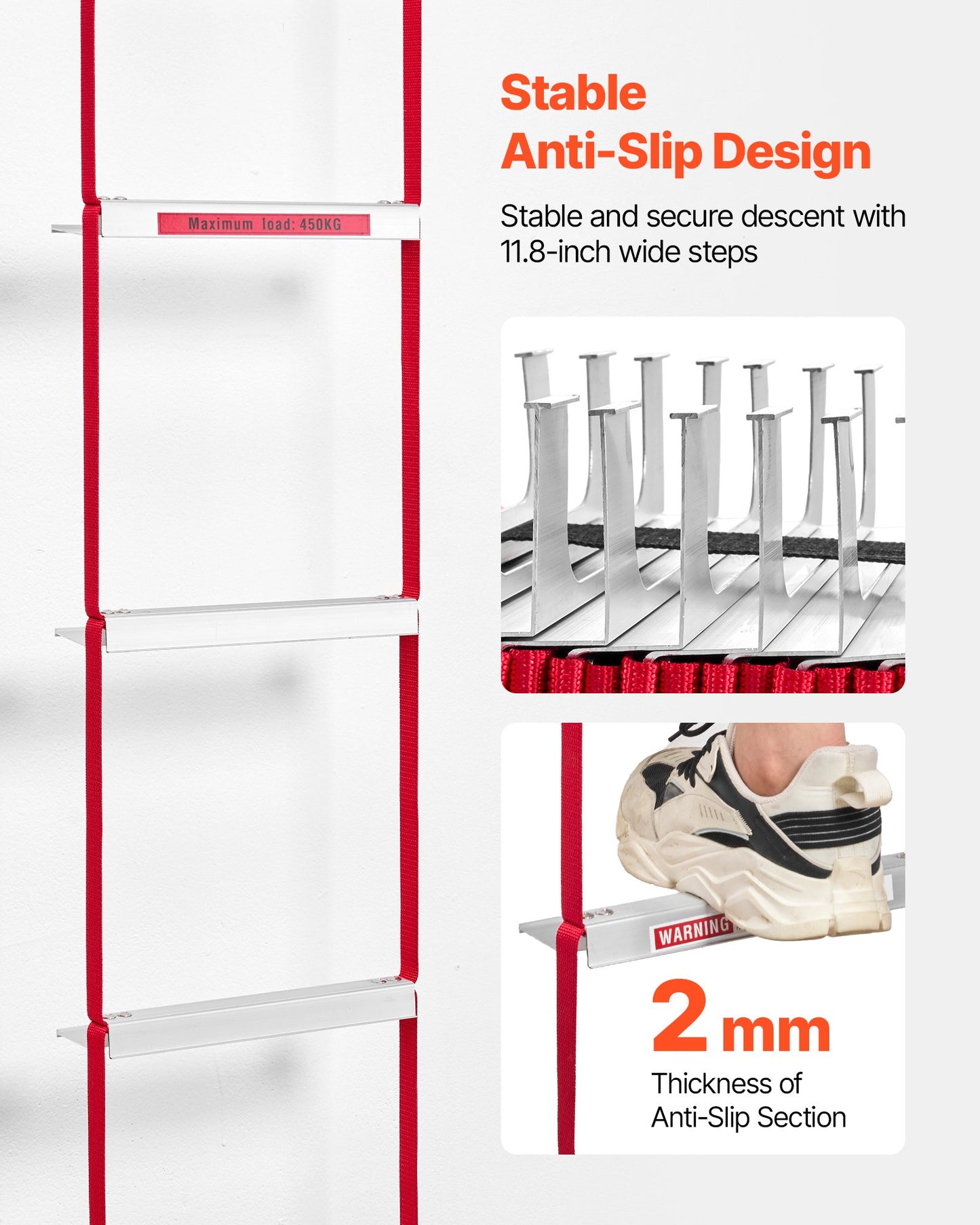 Brandstege, 5-6 våningar, 15,24 m infällbar brandstege, lättviktig säkerhetsstege i aluminiumlegering med robust polyesterrem, halkfria och breda stegpinnar, maxlast 453 kg
