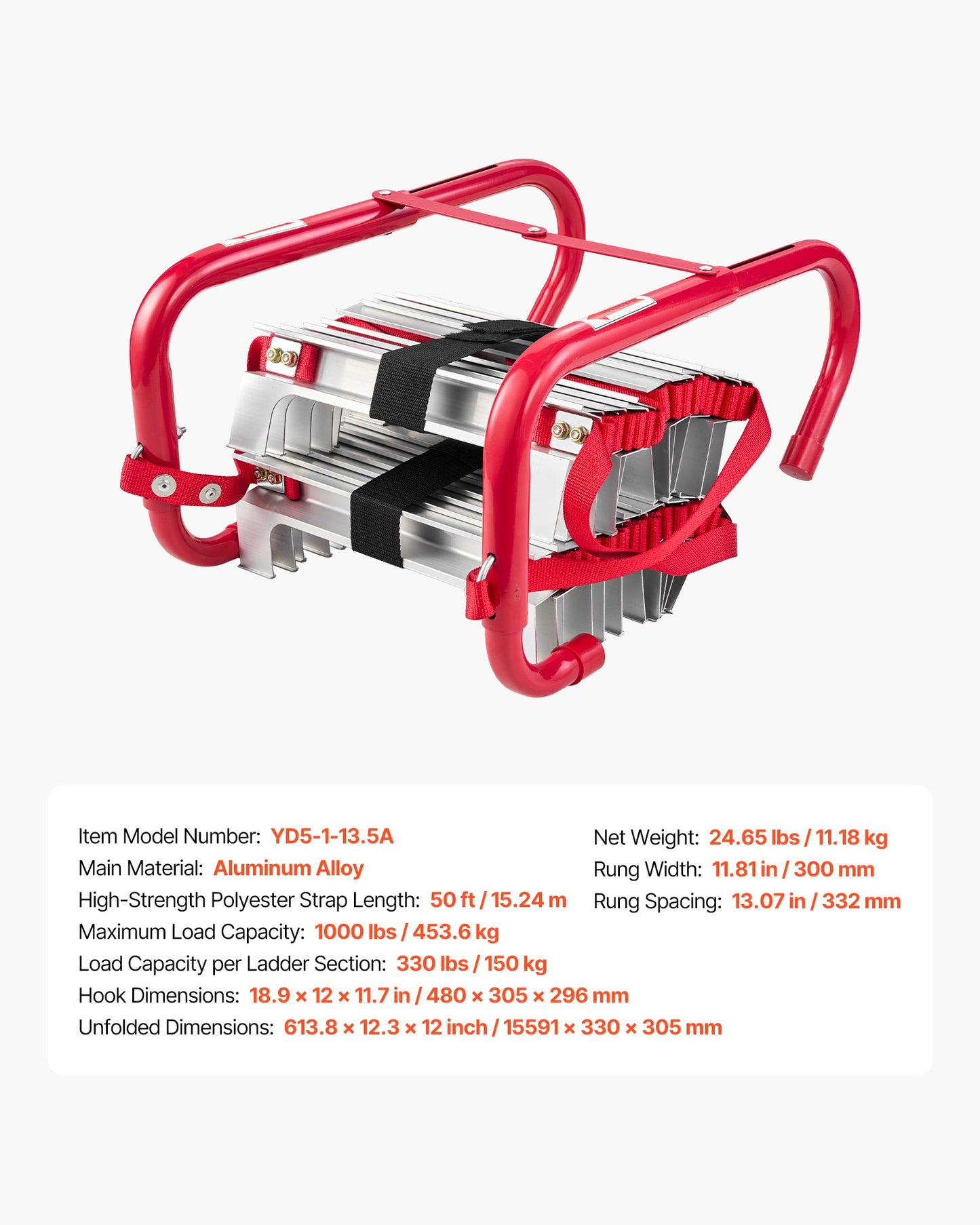Brandstege, 5-6 våningar, 15,24 m infällbar brandstege, lättviktig säkerhetsstege i aluminiumlegering med robust polyesterrem, halkfria och breda stegpinnar, maxlast 453 kg