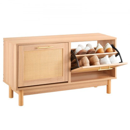 Skobänk för hall, 1000 x 300 x 530 mm rottingliknande skobänk med 2 utfällbara lådor, skohylla 136 kg med 4 fack och 2 rottingdörrar, för hall, vardagsrum, sovrum
