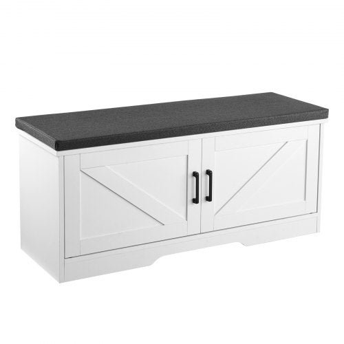 Skoförvaringsbänk, 1000 x 355 x 460 mm skoorganisatör med vadderad sittdyna, entrébänk med 2 ladugårdsdörrar och höjdjusterbar hylla, för hall, vardagsrum, sovrum, vit + svart