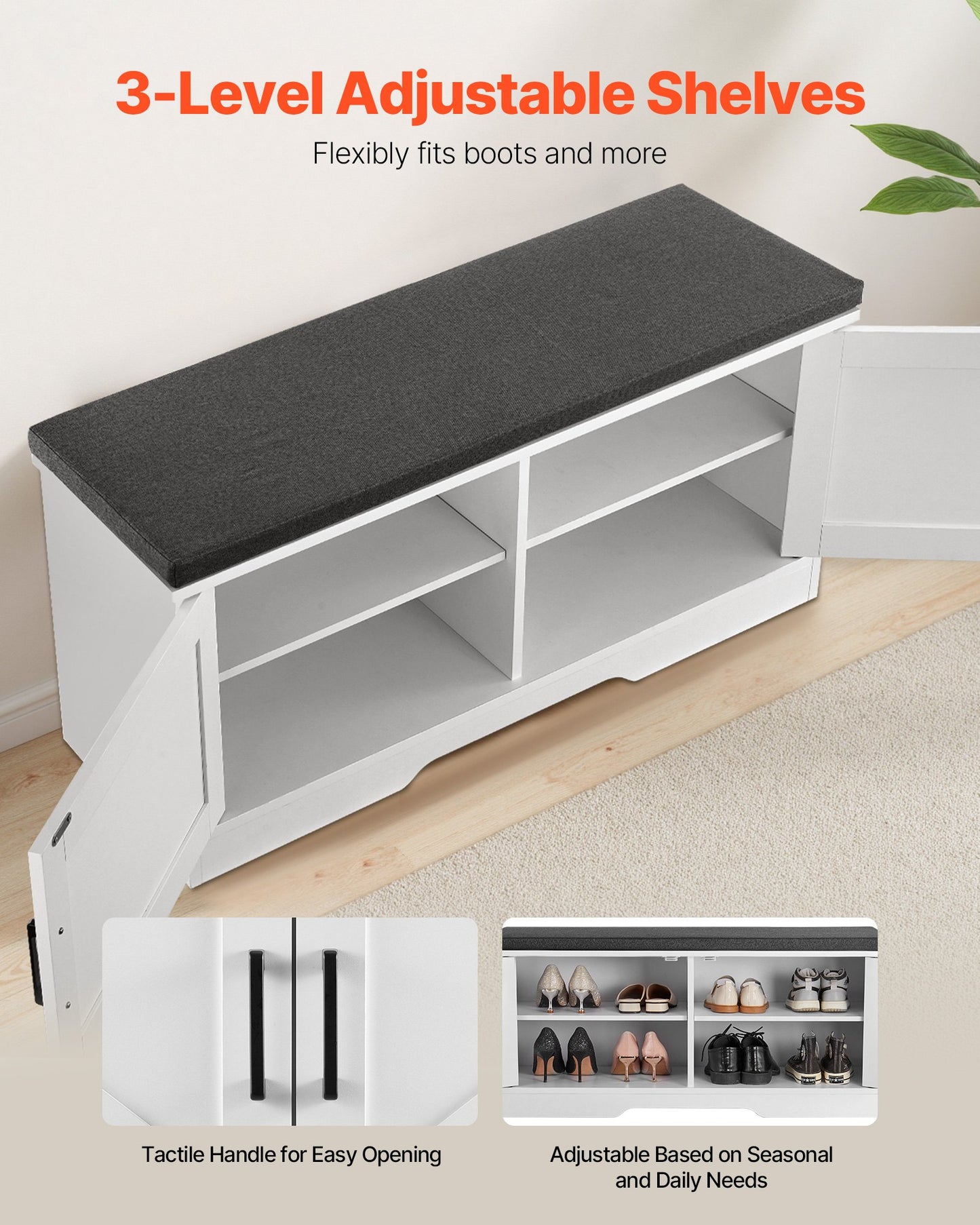 Skoförvaringsbänk, 1000 x 355 x 460 mm skoorganisatör med vadderad sittdyna, entrébänk med 2 ladugårdsdörrar och höjdjusterbar hylla, för hall, vardagsrum, sovrum, vit + svart