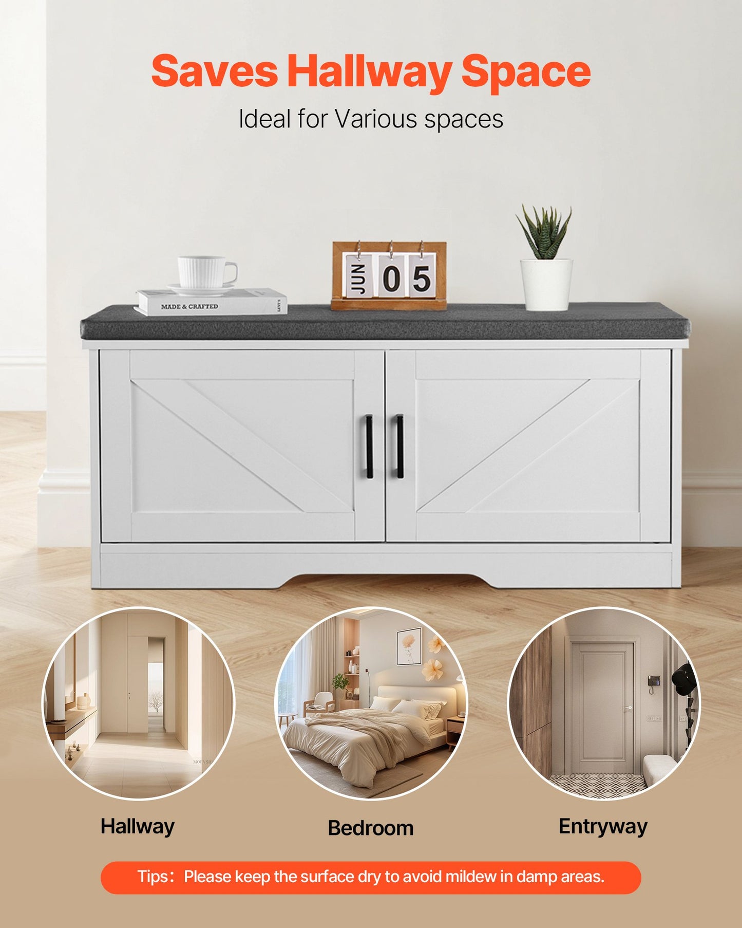 Skoförvaringsbänk, 1000 x 355 x 460 mm skoorganisatör med vadderad sittdyna, entrébänk med 2 ladugårdsdörrar och höjdjusterbar hylla, för hall, vardagsrum, sovrum, vit + svart
