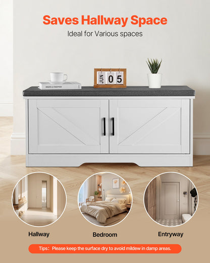 Skoförvaringsbänk, 1000 x 355 x 460 mm skoorganisatör med vadderad sittdyna, entrébänk med 2 ladugårdsdörrar och höjdjusterbar hylla, för hall, vardagsrum, sovrum, vit + svart
