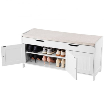 Skobänk, 1050 x 350 x 503 mm entrébänk med lyftbar förvaring och sittdyna, skohylla på 112 kg med 3 skåp och höjdjusterbar hylla, för sovrum, hall, vit + svart