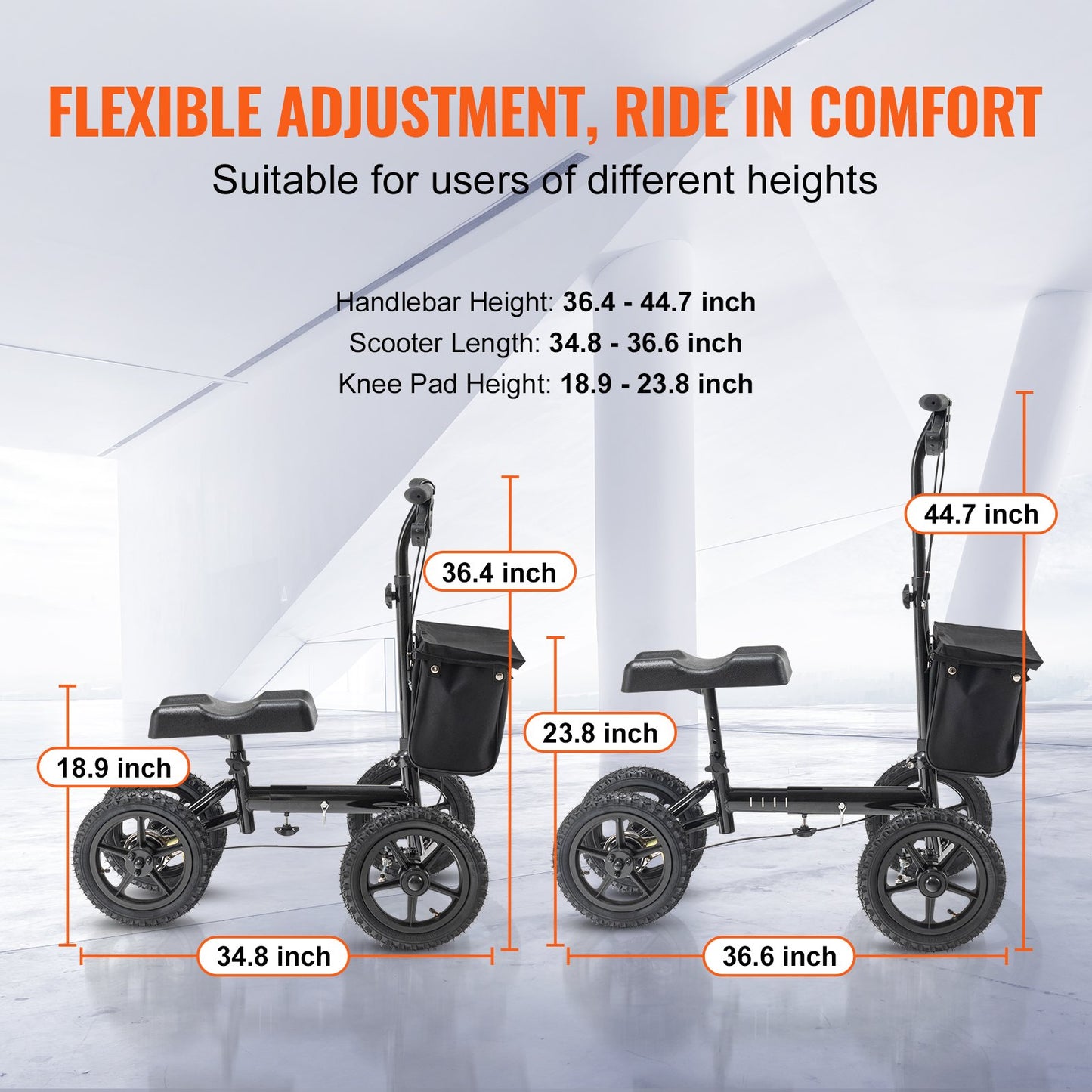 Hopfällbar knäscooter, styrbar knälöpare i aluminium med höjdjusterbart styre och knäskydd, 12" (30,5 cm) terränghjul, dubbla bromsar, benåterställningsscooter för fotbrott, 350 lbs/158,8 kg