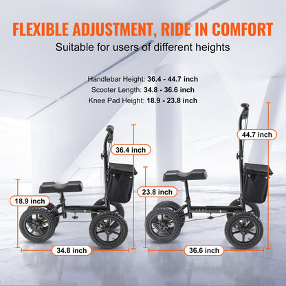 Hopfällbar knäscooter, styrbar knälöpare i aluminium med höjdjusterbart styre och knäskydd, 12" (30,5 cm) terränghjul, dubbla bromsar, benåterställningsscooter för fotbrott, 350 lbs/158,8 kg