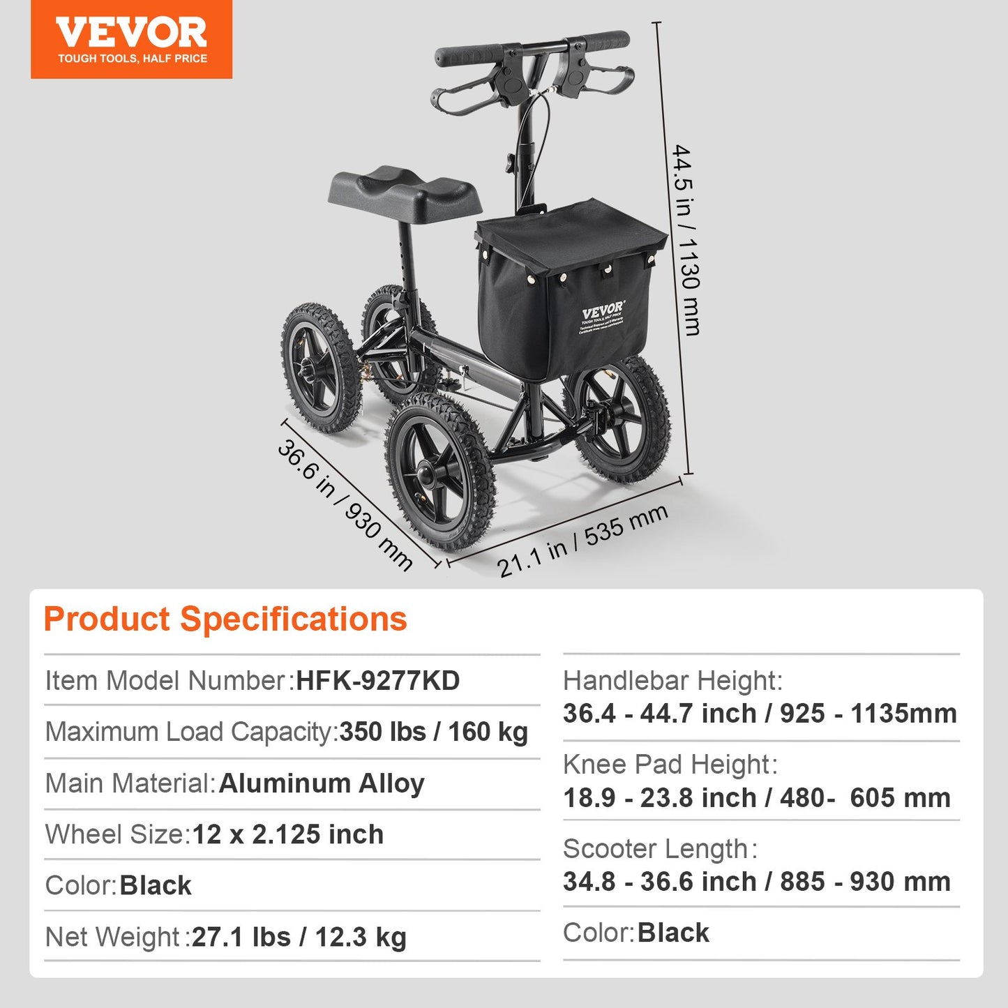 Hopfällbar knäscooter, styrbar knälöpare i aluminium med höjdjusterbart styre och knäskydd, 12" (30,5 cm) terränghjul, dubbla bromsar, benåterställningsscooter för fotbrott, 350 lbs/158,8 kg