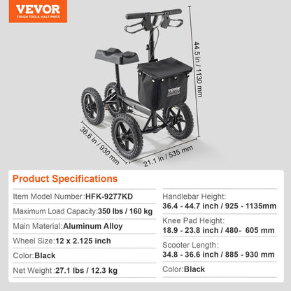 Hopfällbar knäscooter, styrbar knälöpare i aluminium med höjdjusterbart styre och knäskydd, 12" (30,5 cm) terränghjul, dubbla bromsar, benåterställningsscooter för fotbrott, 350 lbs/158,8 kg