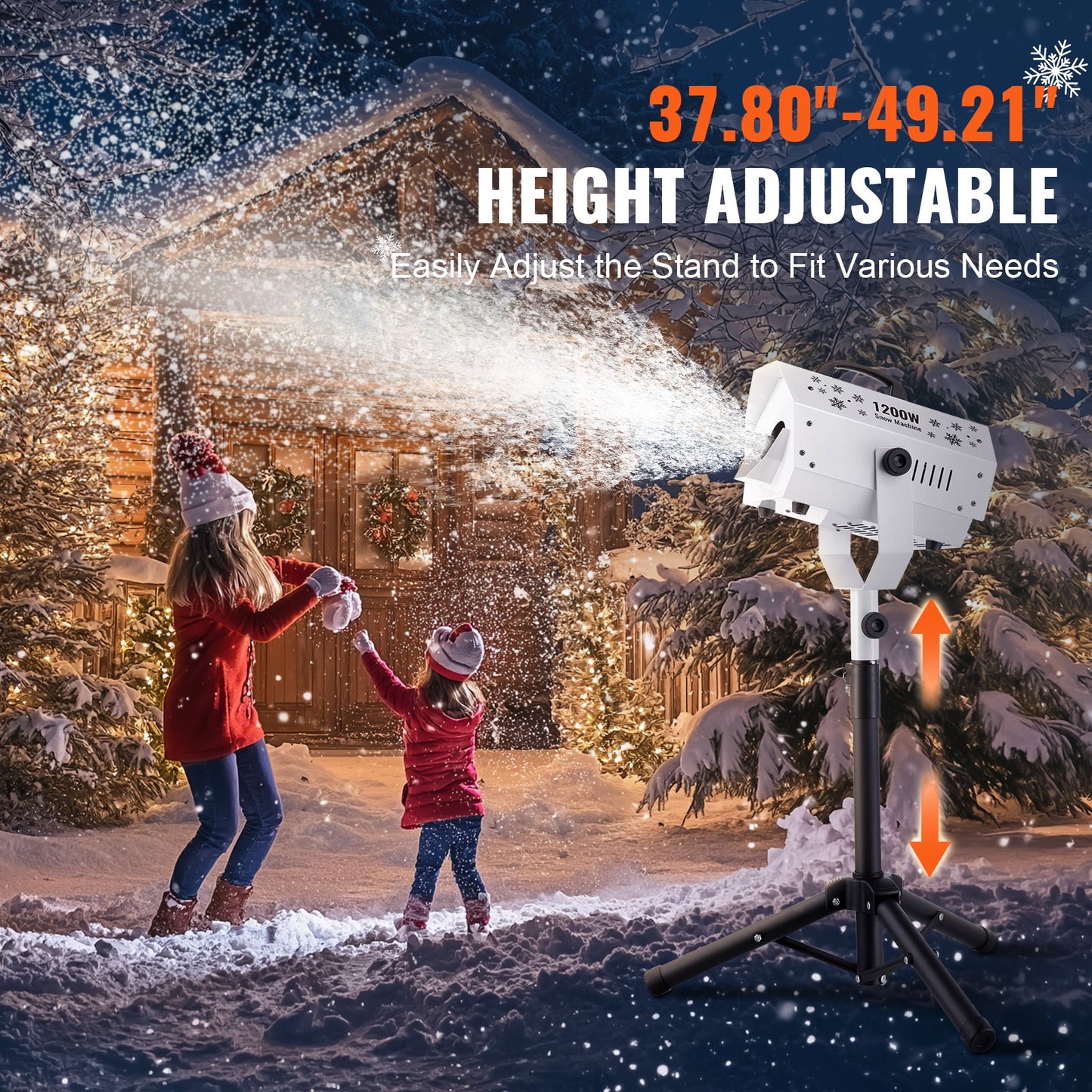 Snökanon, 1200W, snötillverkningsmaskin med höjdjusterbart stativ, trådlös fjärrkontroll för inomhusbruk, snöflingemaskin med hög effekt för julfester, bröllop, sceneffekt