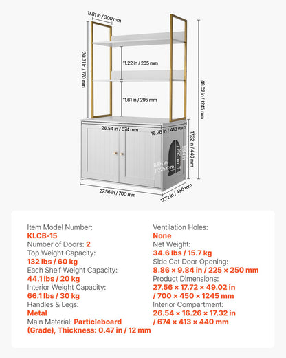 Kattlåda, 70 cm dold kattlåda med metallben och förvaringshyllor i två nivåer, vattentät katttoalett, passar de flesta delar av kattlådan, för vardagsrum