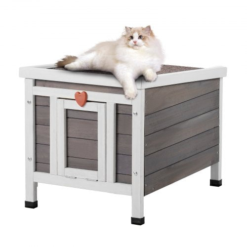 Väderbeständigt katthus för utomhusbruk, skydd för vilda katter, trähus för utomhusbruk för katt och kanin med PVC-dörrflikar och öppet tak, 54,5 cm L x 43,5 cm B x 43,5 cm H
