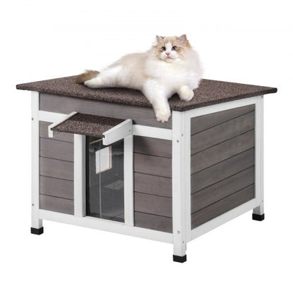Väderbeständigt katthus för utomhusbruk, skydd för vilda katter, trähus för utomhusbruk för katt och kanin med fönster, öppet tak och PVC-dörrflikar, 61 cm L x 53 cm B x 46 cm H