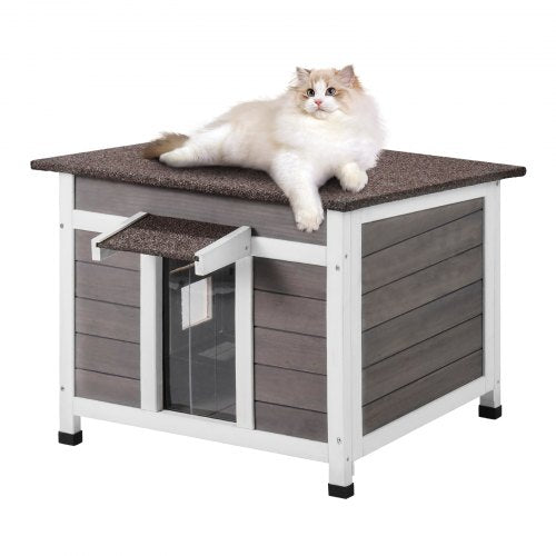 Väderbeständigt katthus för utomhusbruk, skydd för vilda katter, trähus för utomhusbruk för katt och kanin med fönster, öppet tak och PVC-dörrflikar, 61 cm L x 53 cm B x 46 cm H