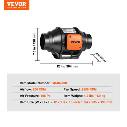 Inline-kanalfläkt, 102 mm 129,7 CFM med variabel hastighetsregulator, tyst AC-motorventilationsfläkt för kylförstärkare, odlingstält, hydroponik