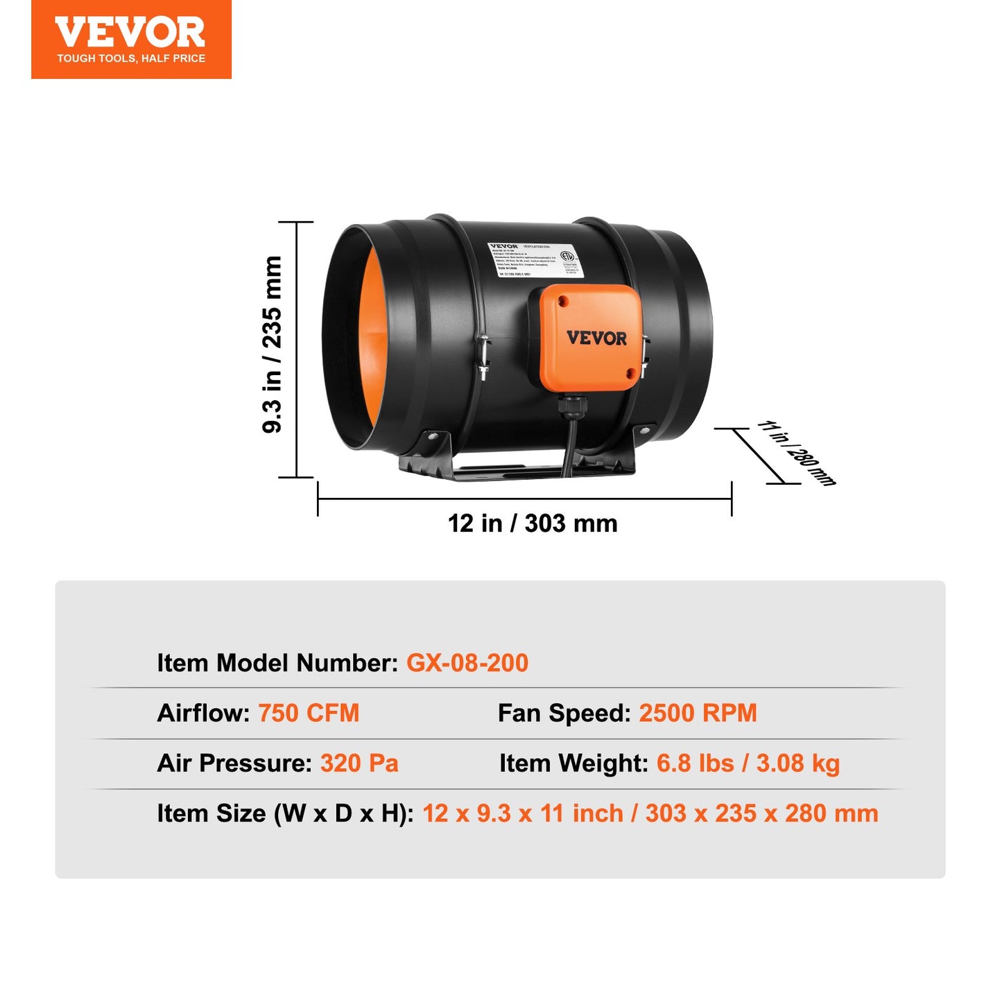 Inline-kanalfläkt, 203,2 mm 506,2 CFM med variabel hastighetsregulator, tyst AC-motorventilationsfläkt för kylförstärkare, odlingstält, hydroponik