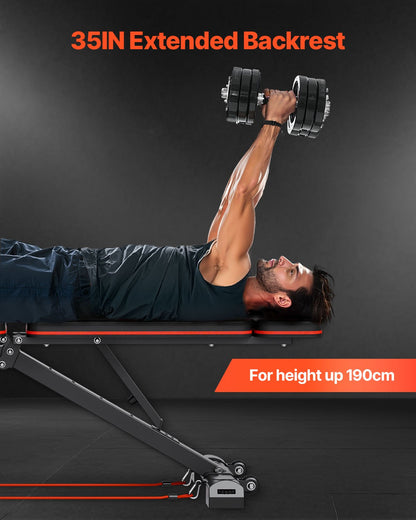 Viktbänk, 360 kg justerbar viktpress för helkroppsträning, sit up-bänk för hemmagym, platt bänk med benförlängning, predikantdyna, snabb justering