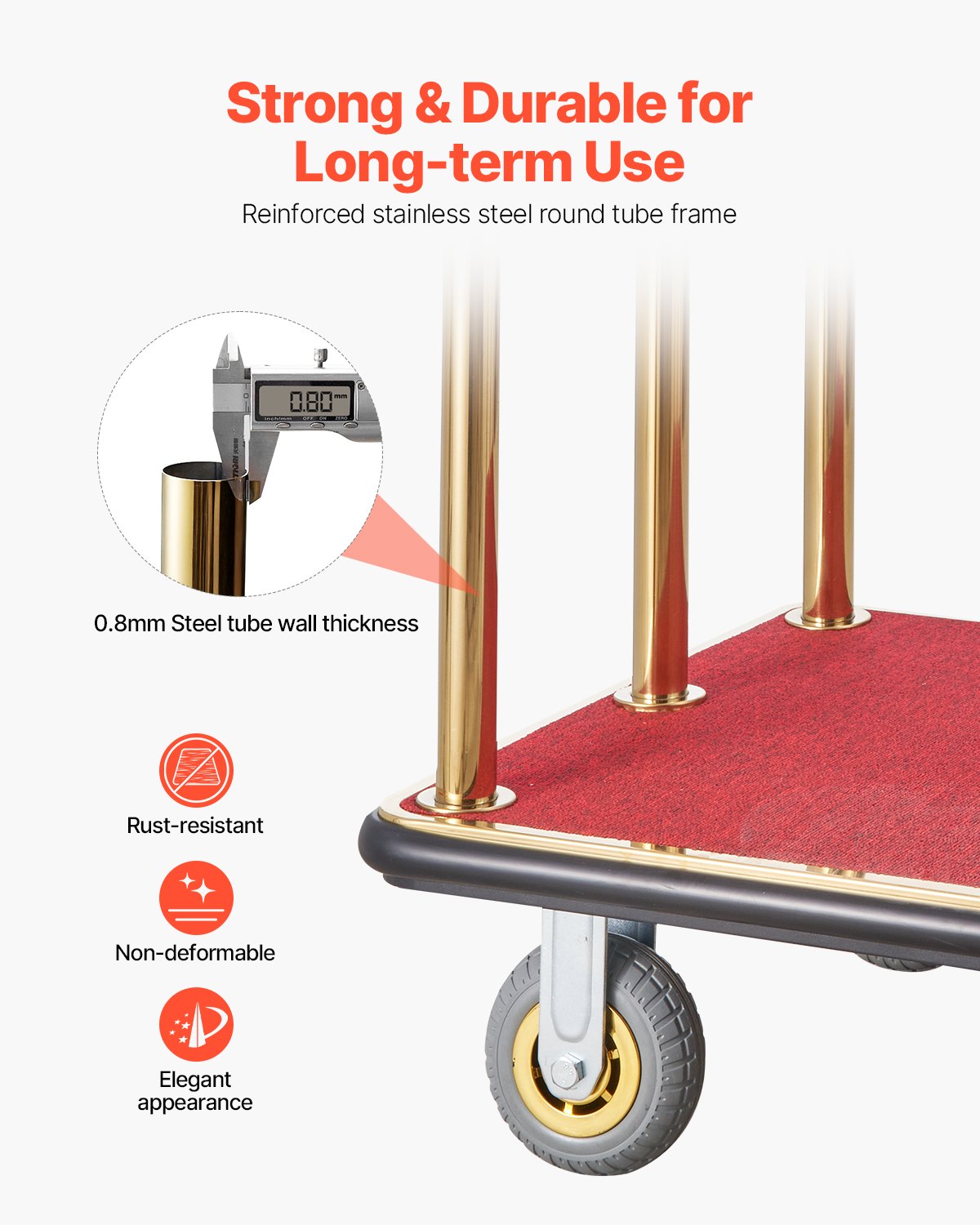 Hotellbagagevagn, 1100 kg lastkapacitet, borstad rostfri piccolovagn med böjda upprättstående vagnar, betjänad vagn med röd matta och 6-tums gummihjul, perfekt för hotell, lägenheter, resorts
