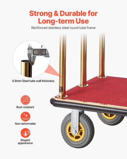 Hotellbagagevagn, 1500 kg lastkapacitet, borstad rostfri piccolovagn med böjda upprättstående ställningar, betjänad vagn med röd matta och 8-tums gummihjul, idealisk för hotell, lägenheter, resorts