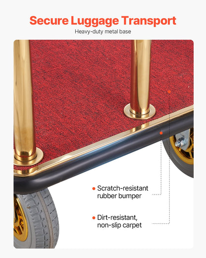 Hotellbagagevagn, 1500 kg lastkapacitet, borstad rostfri piccolovagn med böjda upprättstående ställningar, betjänad vagn med röd matta och 8-tums gummihjul, idealisk för hotell, lägenheter, resorts