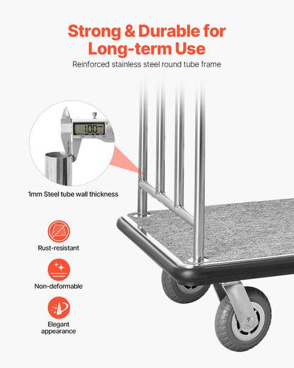 Hotellbagagevagn, 800 kg lastkapacitet, bellman's cart i borstad rostfri stålfinish, betjänad vagn med grå heltäckningsmatta och 6-tums gummihjul, perfekt för hotell, lägenheter, resorts, silver