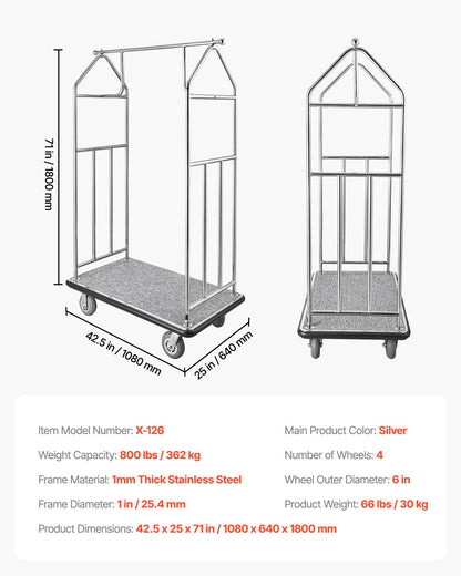 Hotellbagagevagn, 800 kg lastkapacitet, bellman's cart i borstad rostfri stålfinish, betjänad vagn med grå heltäckningsmatta och 6-tums gummihjul, perfekt för hotell, lägenheter, resorts, silver
