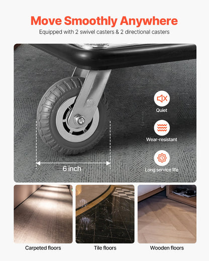 Hotellbagagevagn, 750 kg lastkapacitet, lyxig plattformsvagn med avtagbar frontram, betjänad vagn med grått heltäckningsmatta och 6-tums gummihjul, perfekt för hotell, lägenheter, resorts