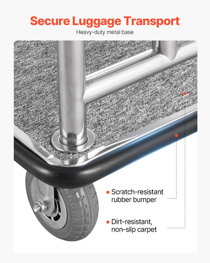 Hotellbagagevagn, 750 kg lastkapacitet, lyxig plattformsvagn med avtagbar frontram, betjänad vagn med grått heltäckningsmatta och 6-tums gummihjul, perfekt för hotell, lägenheter, resorts