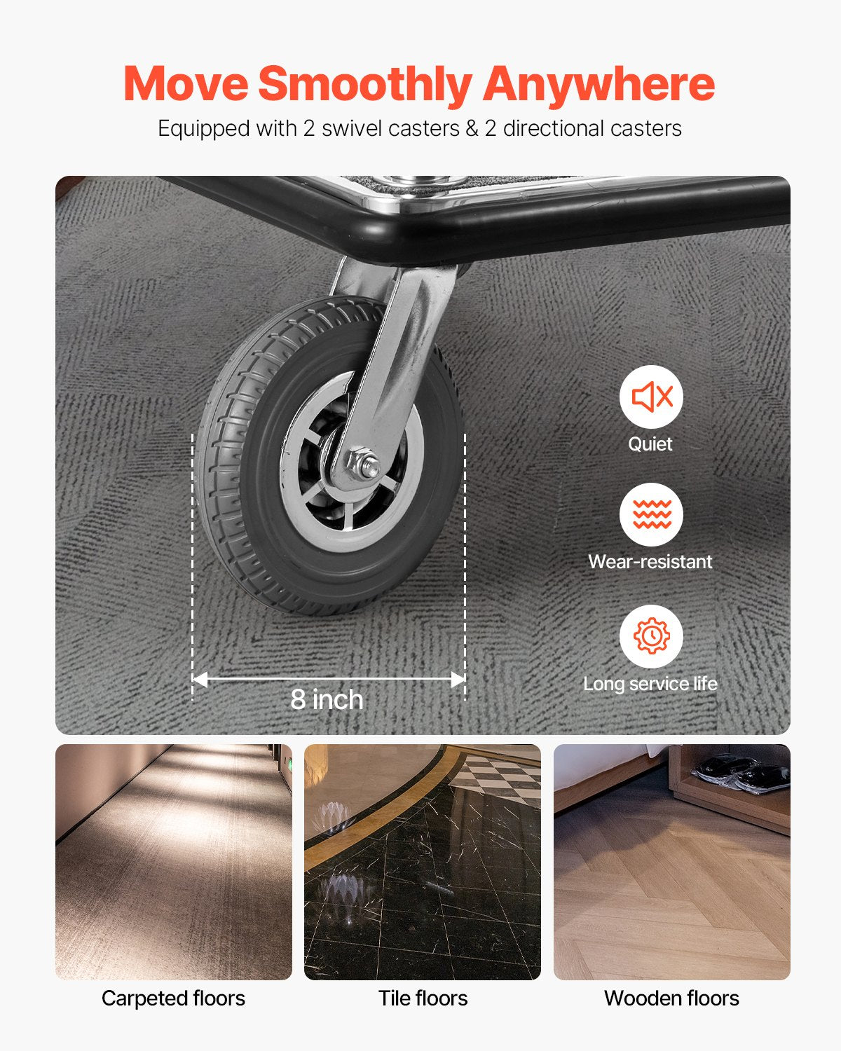 Hotellbagagevagn, 1200 kg lastkapacitet, Bellman's-vagn i borstad rostfri stålfinish, betjänad vagn med grå heltäckningsmatta och 8-tums gummihjul, perfekt för hotell, lägenheter, resorts, silver