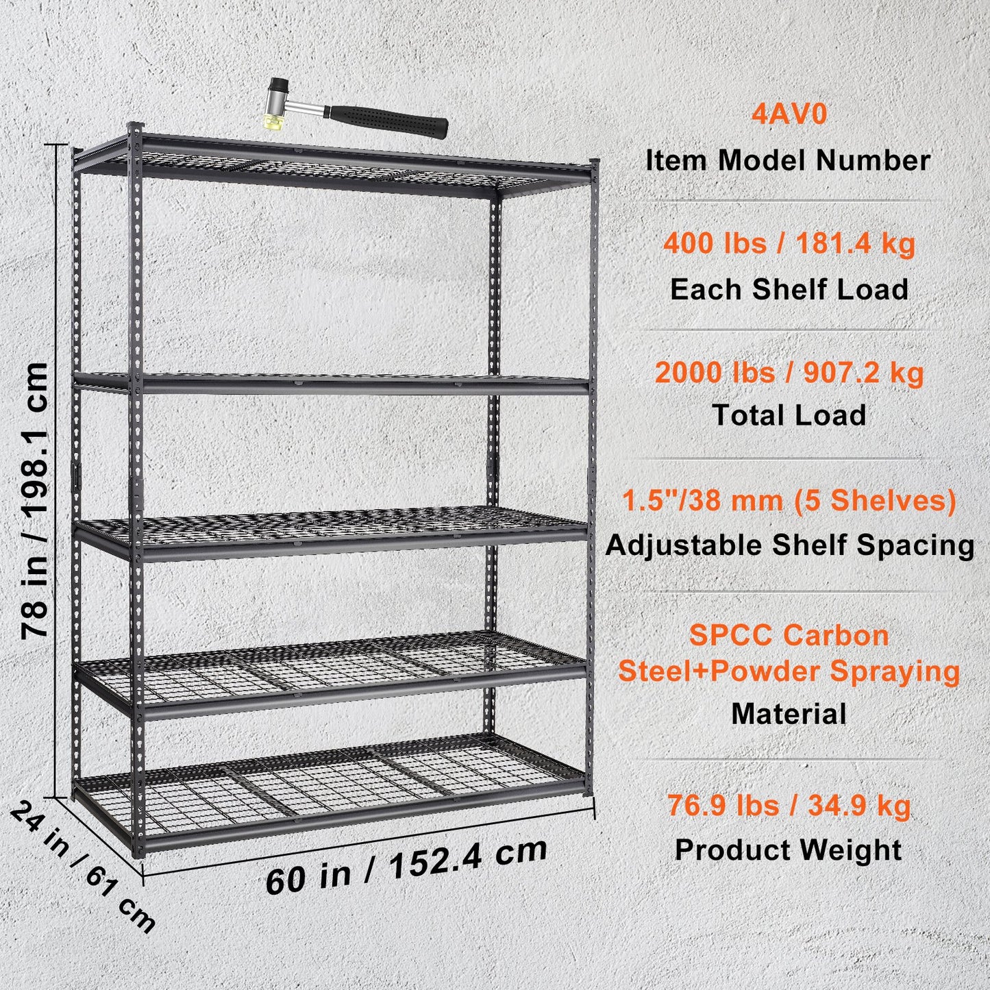 Förvaringshylla, justerbar i 5 våningar, 900 kg kapacitet, kraftiga garagehyllor i metall, trådställ, svart, 152 cm L x 61 cm B x 213 cm H för kök, skafferi, källare, badrum, tvättstuga