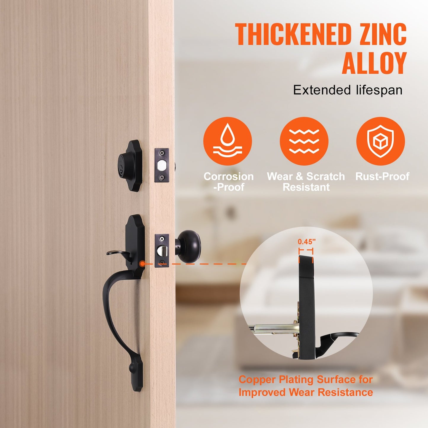 Dörrhandtag och säkerhetsregelsats, mattsvart dörrlåssats med invändig vred, justerbart hålavstånd, encylindrigt handtag, för höger- och vänsterhänta entré- och ytterdörrar