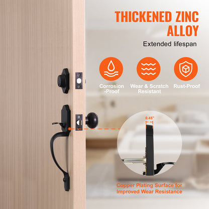 Dörrhandtag och säkerhetsregelsats, mattsvart dörrlåssats med invändig vred, justerbart hålavstånd, encylindrigt handtag, för höger- och vänsterhänta entré- och ytterdörrar