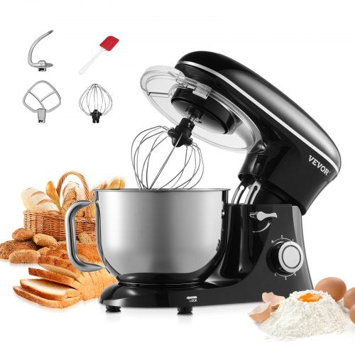 Köksmaskin, 6 liter degmixer, 1400 W, 6 + P-hastigheter, matberedare med lutningsbart huvud, skål i rostfritt stål, degkrok, visp, platt visp, skrapa, köksmaskin för bakning och blandning, svart