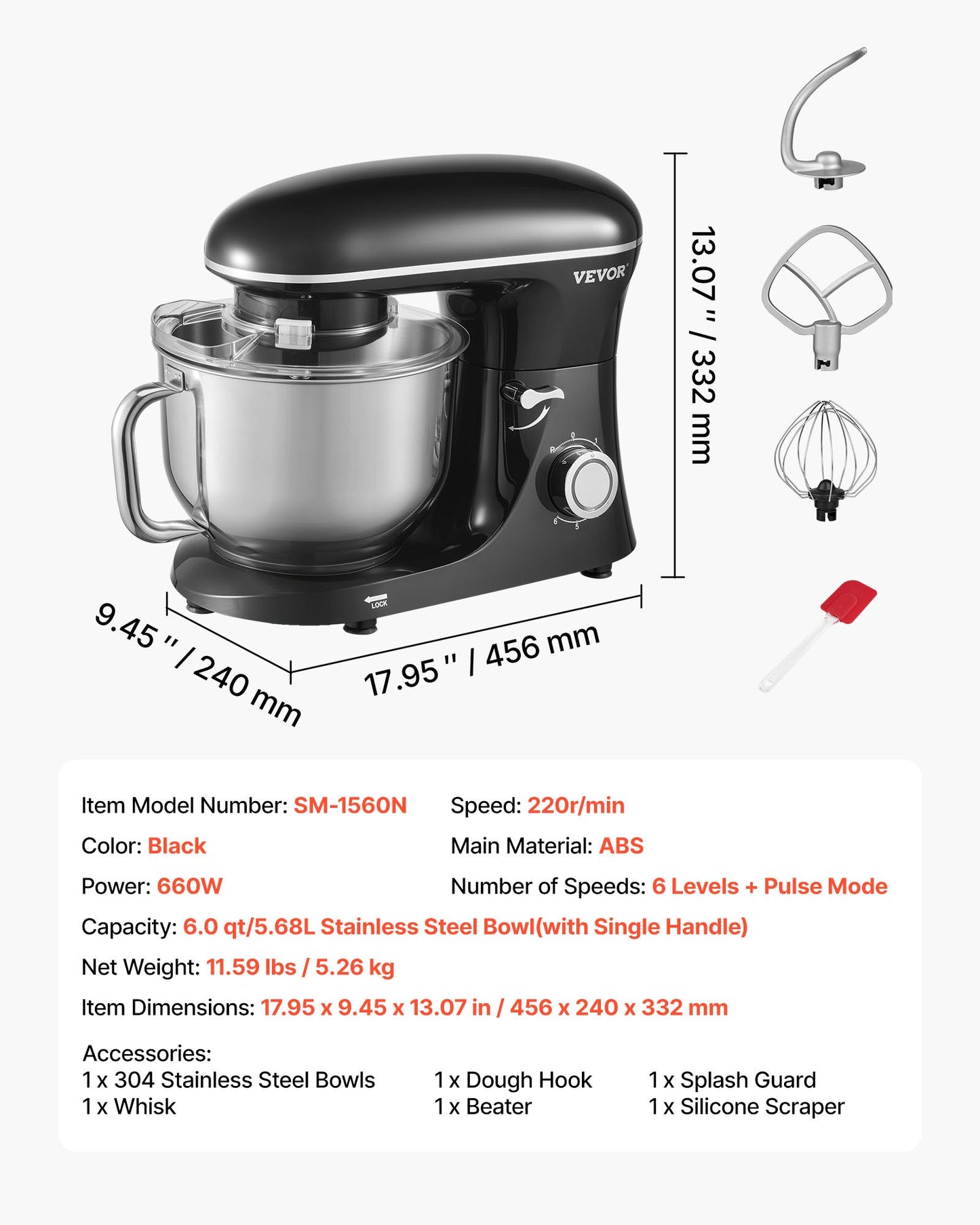 Köksmaskin, 6 liter degmixer, 1400 W, 6 + P-hastigheter, matberedare med lutningsbart huvud, skål i rostfritt stål, degkrok, visp, platt visp, skrapa, köksmaskin för bakning och blandning, svart