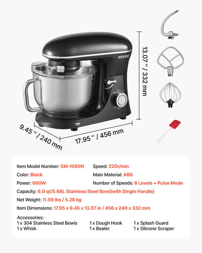 Köksmaskin, 6 liter degmixer, 1400 W, 6 + P-hastigheter, matberedare med lutningsbart huvud, skål i rostfritt stål, degkrok, visp, platt visp, skrapa, köksmaskin för bakning och blandning, svart