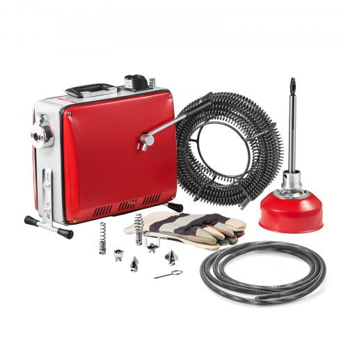Drain Cleaner Machine, 390W 1400RPM Electric Pipe Drain Cleaning Machine Sewer Snake with 12m x 16mm, 4.5m x 16mm & 8m x 9.5mm Steel Spring Cable and 6 Cutters, Fit 50-110 mm Diameter Pipes
