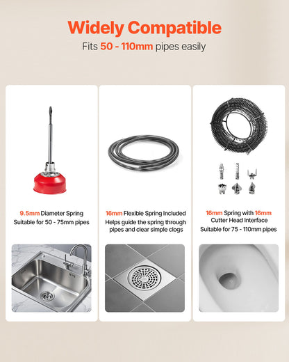 Drain Cleaner Machine, 390W 1400RPM Electric Pipe Drain Cleaning Machine Sewer Snake with 12m x 16mm, 4.5m x 16mm & 8m x 9.5mm Steel Spring Cable and 6 Cutters, Fit 50-110 mm Diameter Pipes