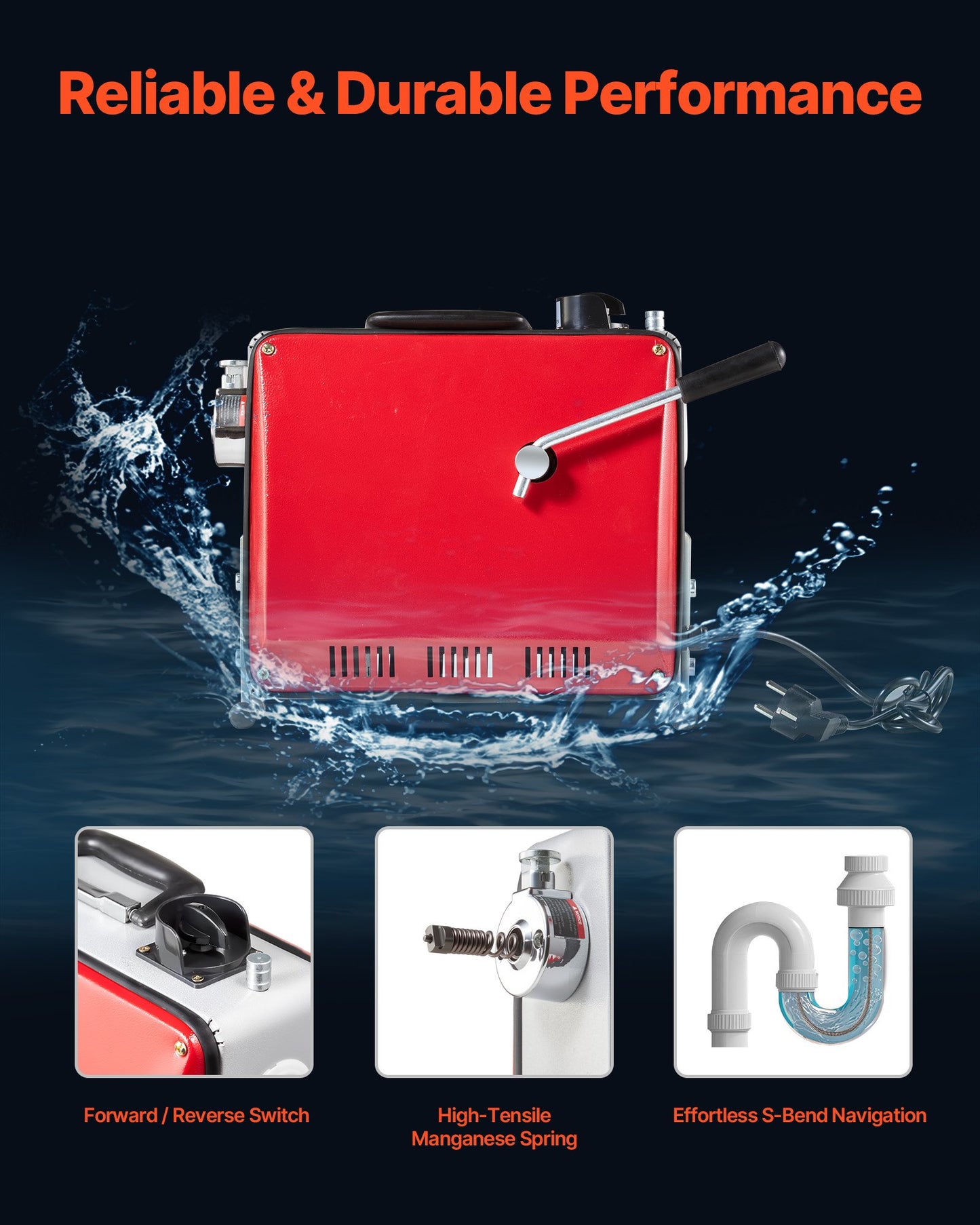 Drain Cleaner Machine, 390W 1400RPM Electric Pipe Drain Cleaning Machine Sewer Snake with 12m x 16mm, 4.5m x 16mm & 8m x 9.5mm Steel Spring Cable and 6 Cutters, Fit 50-110 mm Diameter Pipes