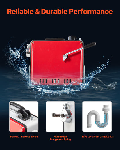 Drain Cleaner Machine, 390W 1400RPM Electric Pipe Drain Cleaning Machine Sewer Snake with 12m x 16mm, 4.5m x 16mm & 8m x 9.5mm Steel Spring Cable and 6 Cutters, Fit 50-110 mm Diameter Pipes