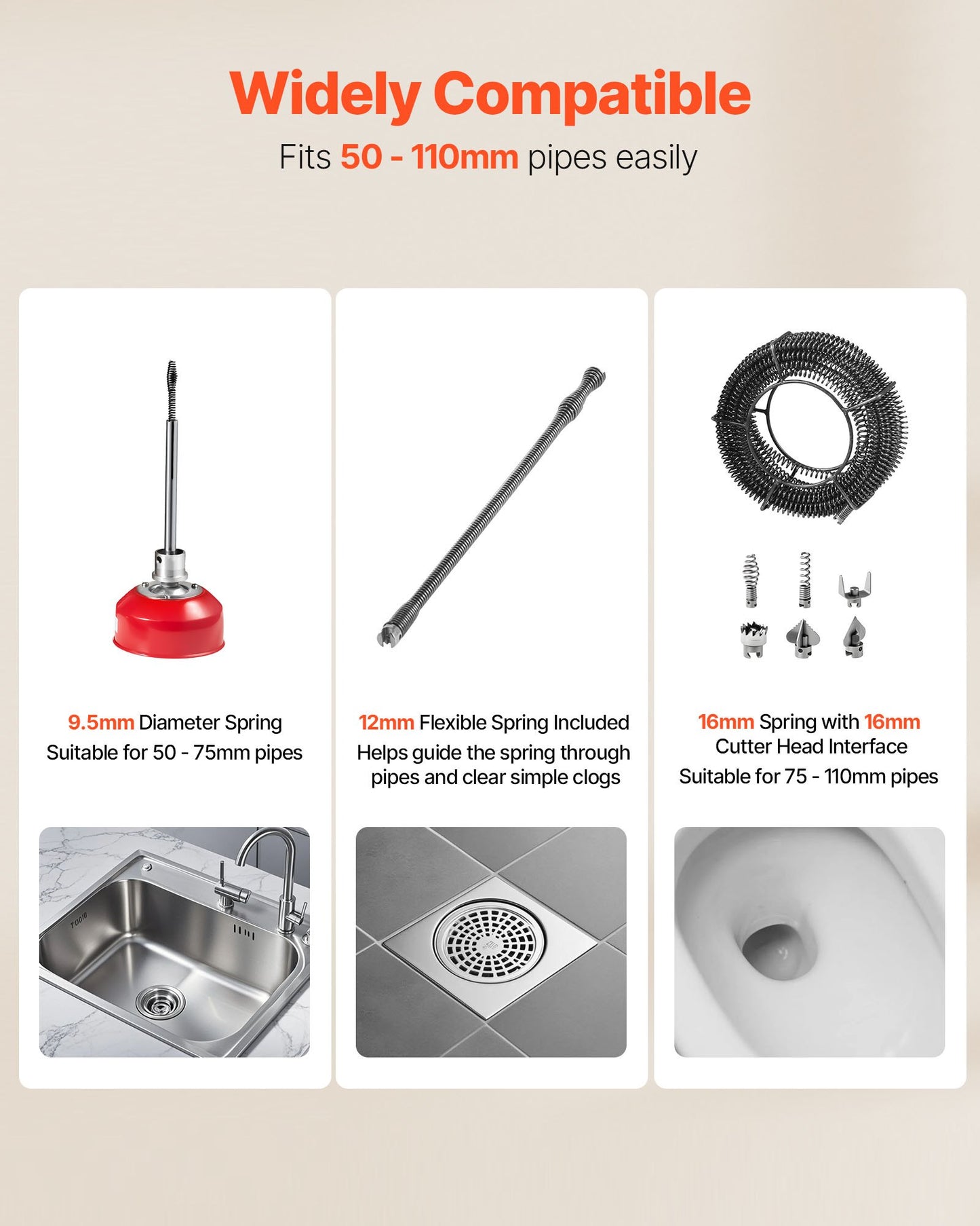 Avloppsrensningsmaskin, 500W 1400 RPM elektrisk rörrensningsmaskin för avlopp med 40m x 16mm, 5m x 9.5mm &amp; 0.4m x 12mm stålfjädervajer och 6 avbitartänger, passar rör med 50-110 mm diameter