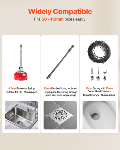 Avloppsrensningsmaskin, 500W 1400 RPM elektrisk rörrensningsmaskin för avlopp med 40m x 16mm, 5m x 9.5mm &amp; 0.4m x 12mm stålfjädervajer och 6 avbitartänger, passar rör med 50-110 mm diameter